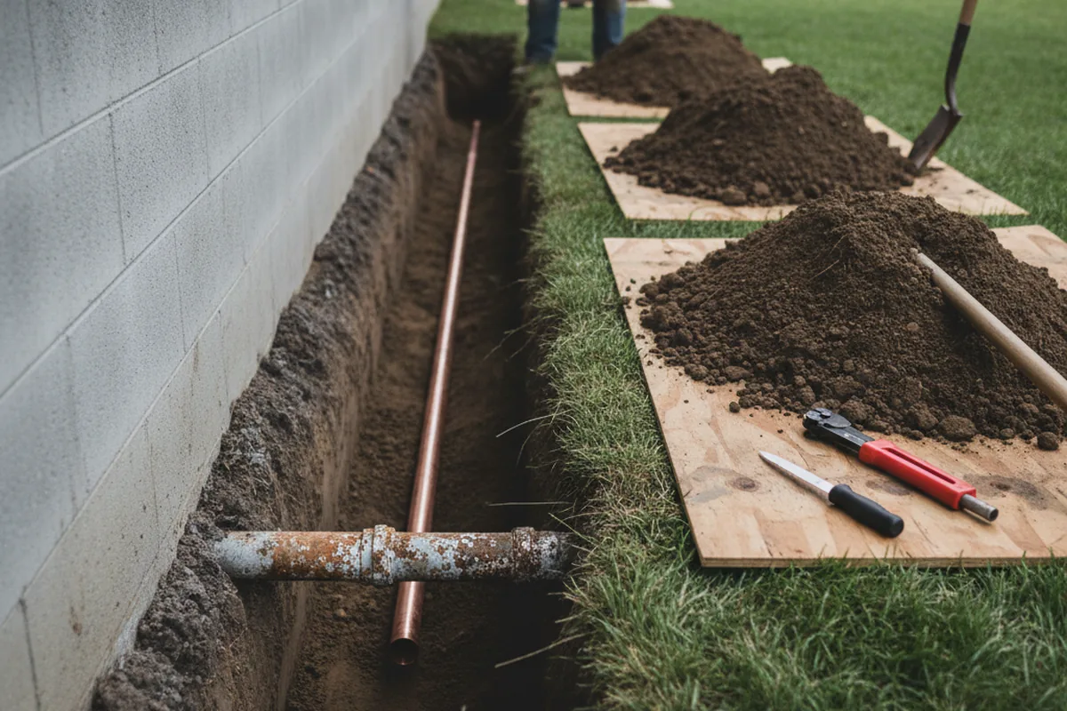 Excavated water line trench during Sewer Line Repair in Dracut
